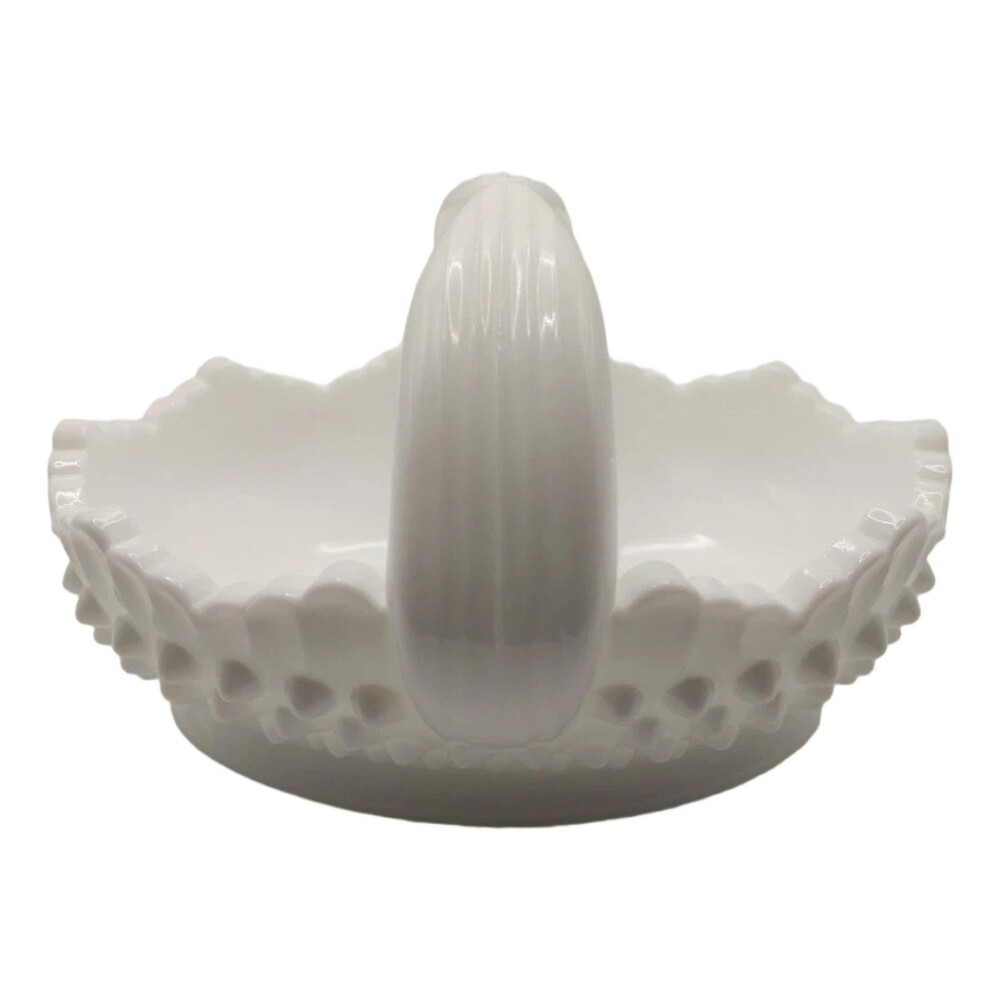 Fenton VTG Hobnail Milk Glass Basket With Handle Vintage Decorative Collectible